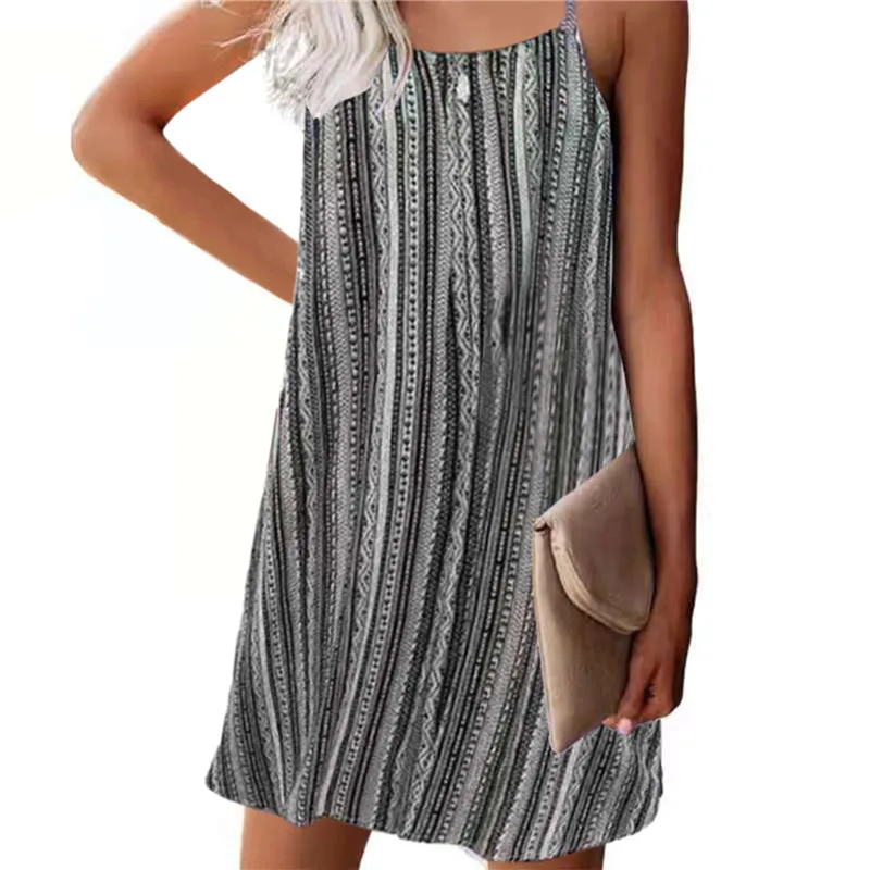 

Vintage Casual Sundress Female Beach Dress Mini Backless Halter Striped Women Dress Summer 2021 Boho Sexy Print Dress