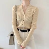 sweater female 2021 v neck knitted cardigans women fashion autumn elegant single breasted slim apricot twisted outwear tops