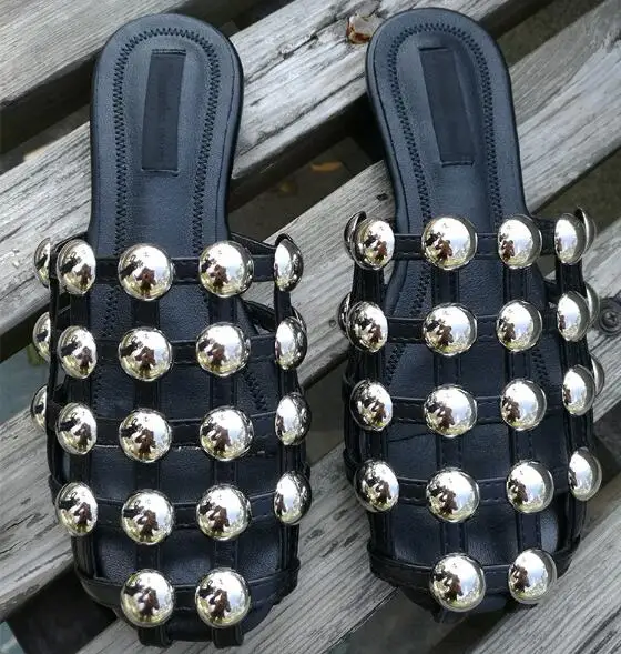 

Prowow pearl Checkered Caged Cut-outs Women Slippers Flats Black Leather Beige Rivets Studded Pearl Beach Slides Shoes Woman