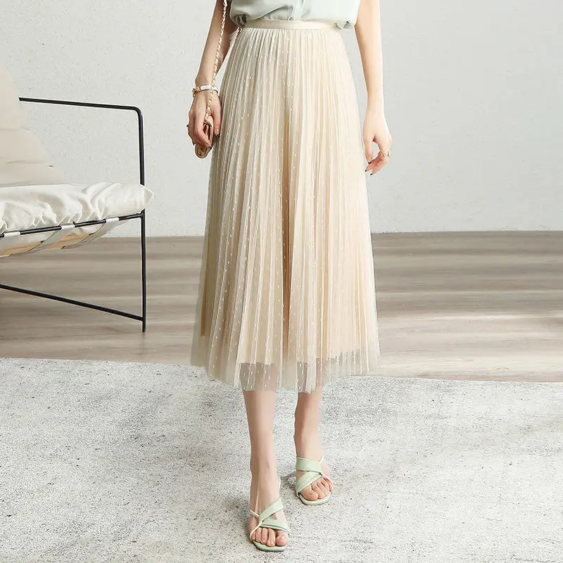 

Women 2021 Spring Summer Fashion Long Pleated Skirts Female Solid Color Mesh Skirts Ladies New High Waist Loose Skirts Y275