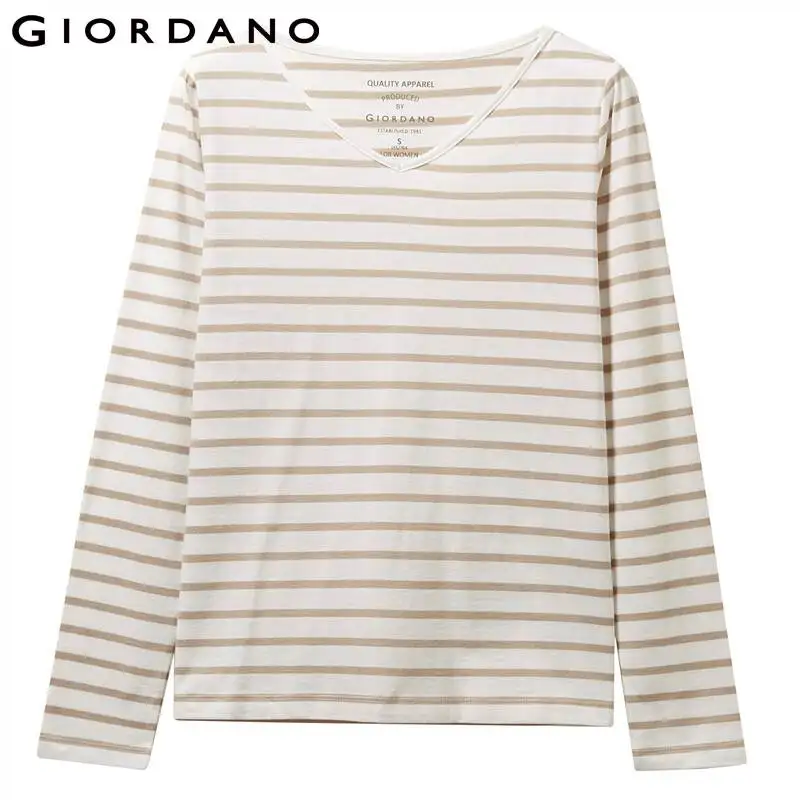 Giordano женская футболка в полоску с v-образным вырезом и длинным рукавом, хлопковая Футболка с разрезом по подолу, легкая полоска Poleras Mujer De Moda 05329879