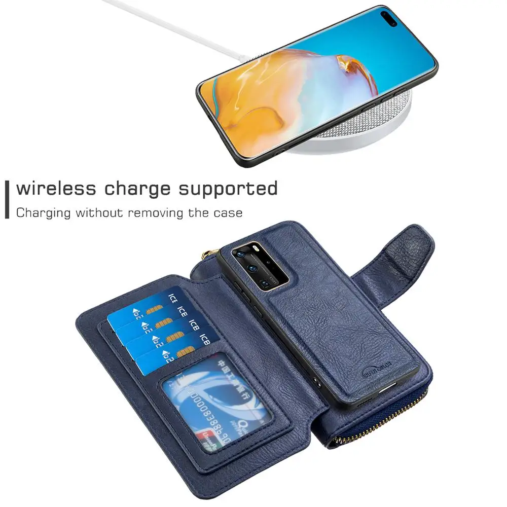 Роскошный кожаный чехол-кошелек на молнии Магнитный съемный чехол для Huawei P40 Pro P30