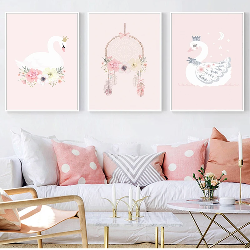 

Nordic Fashion Cute Pink Princess Series Animal Canvas Painting Art Print Poster Picture Child Bedroom Home Decor