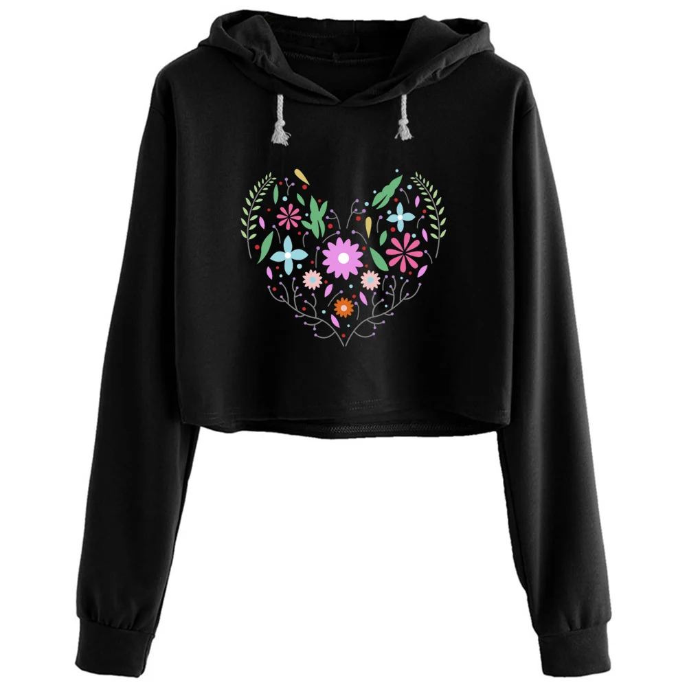 

Flowers In Heart Shape Crop Hoodies Women Harajuku Anime Emo Aesthetic Pullover For Girls