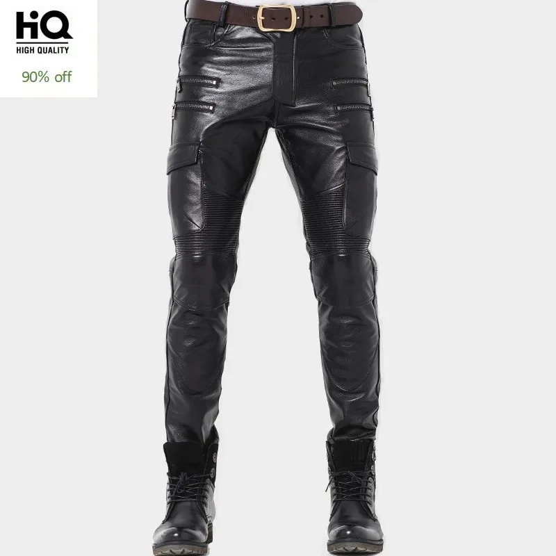 Зимние Роскошные мужские брюки из натуральной кожи обтягивающие мотоциклетные