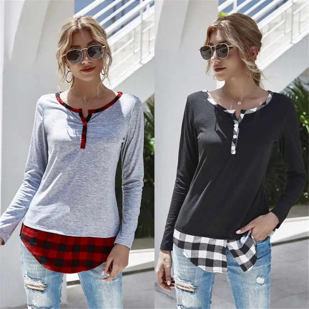 

Crew Button Stitching Fake Two Piece Solid Color Plaid Long Sleeve T-shirt Fall 2021 New Casual Fashion Pullover Top Plus Size