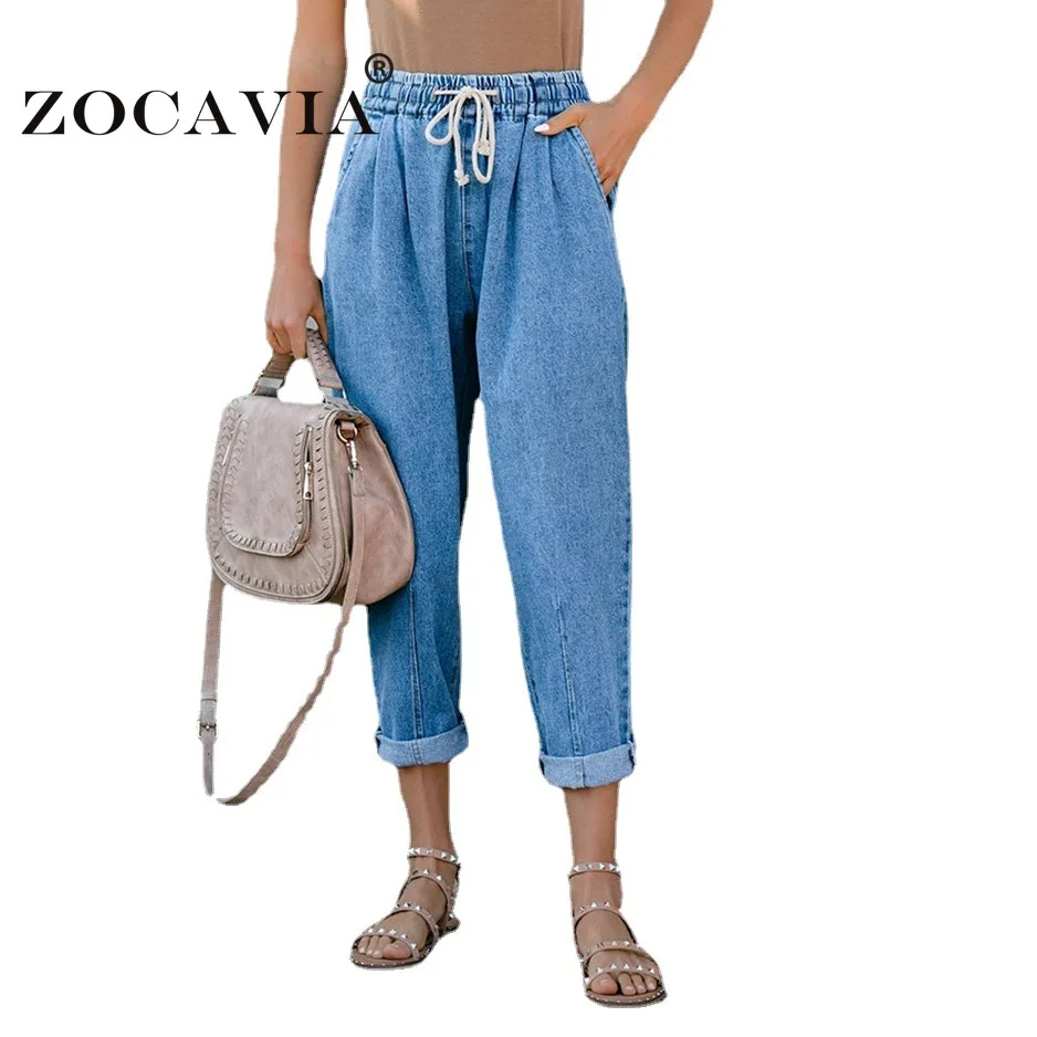 

Elastic High Waist Jeans Vintage Streetwear Women's Clothing Baggy Jeans S-2XL Denim Trousers Drawstring Jeans Pants for Women