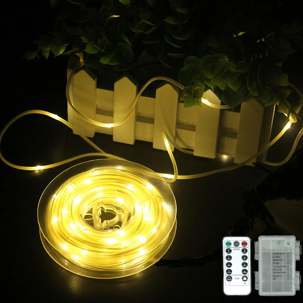 10M 100 LED Outdoor Tube Rope Flexible String Garden Light IP67 Waterproof Battery Hanging Fairy Rope Strip Lamp 8Modes Remote