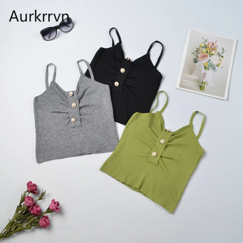 

Aurkrrvn Woman Cropped Camis Pleated Pearl Summer Crop Tops Knitted Solid Womens Camis Casual Feminine Vaction Tops 2020