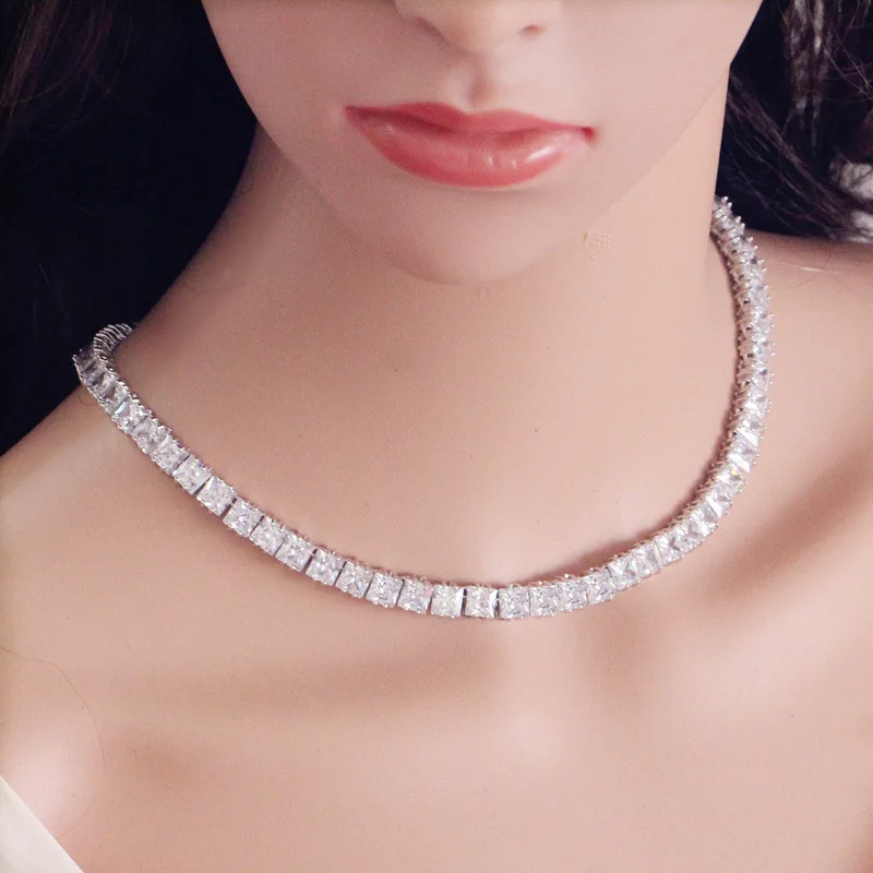

Sparkling Square Cubic Zirconia Crystal Silver Color Fashion Tennis Choker Necklace Set for Women Accessories
