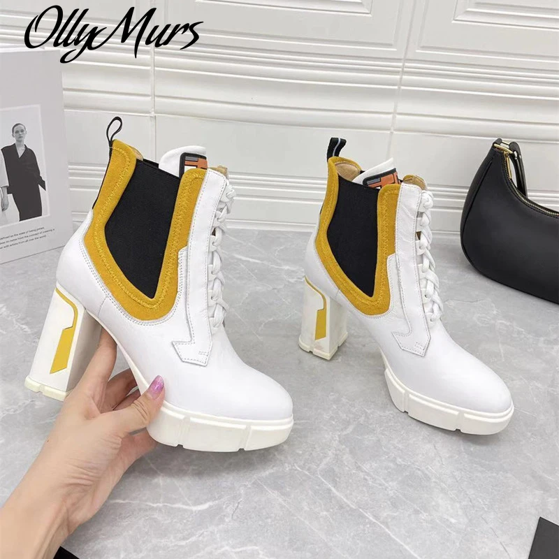 

Ollymurs High Heels Boots Ankle Boots Mixed Colors Patchwork Shoes Platform Boot Thick Bottom Shoes Genuine Leather Winter Boots