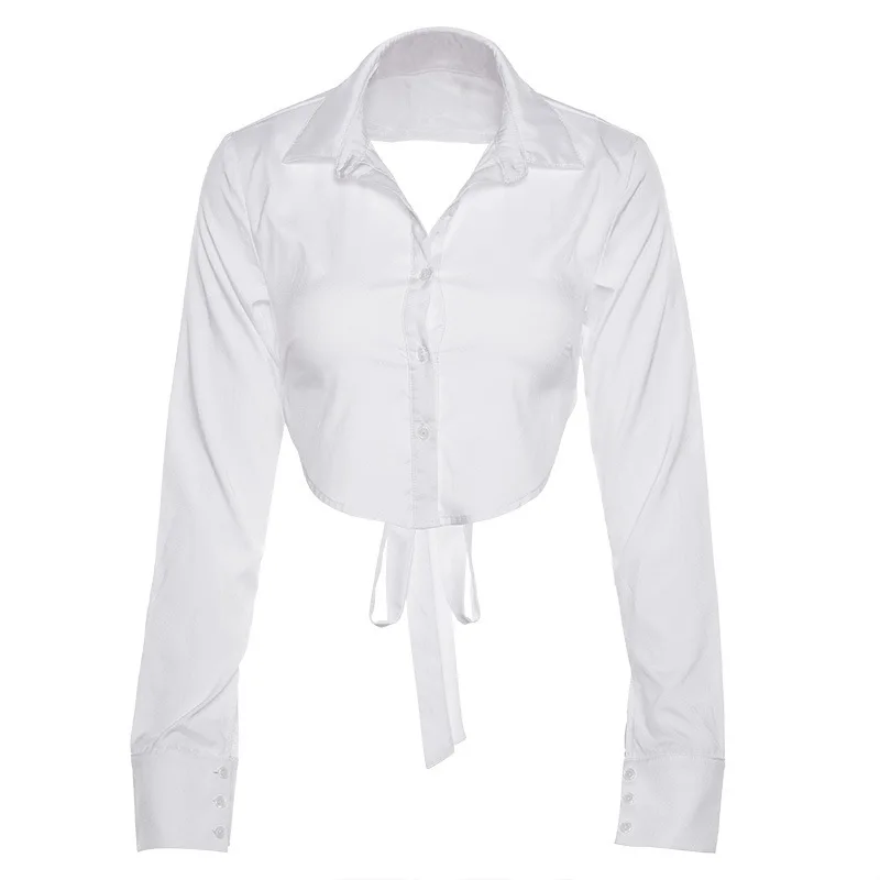 

Women sexy V neck Backless Tops wild Long Sleeve Elegant Crop Tops hot sale white T-shirt Leisure vacation home clothing