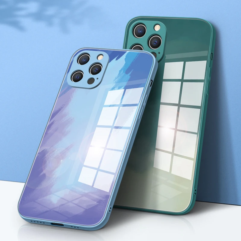 

Watercolor Series Luxury Liquid Square Tempered Glass Shockproof Case for Iphone 11 12 Pro Colorful Apple Cover Phone Cases