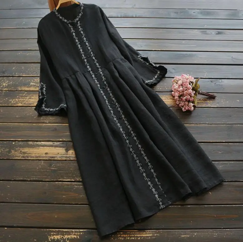 Женское платье из хлопка и льна с вышивкой весна осень 2020 СВОБОДНЫЙ Модный