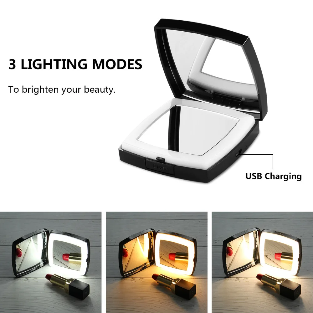Makeup Mirror LED Pocket 2 colors available Long press Mirrors Magnifying Travel Cable-battery Vanity |