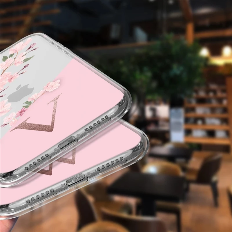 pink flowers initial letter a to z transparent phone case for iphone 11 13 pro max 12 pro max 7 8 plus xs max x xr soft cover free global shipping