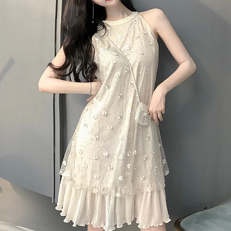 flower embroidered gauze falbala neck strap big pendulum dress |