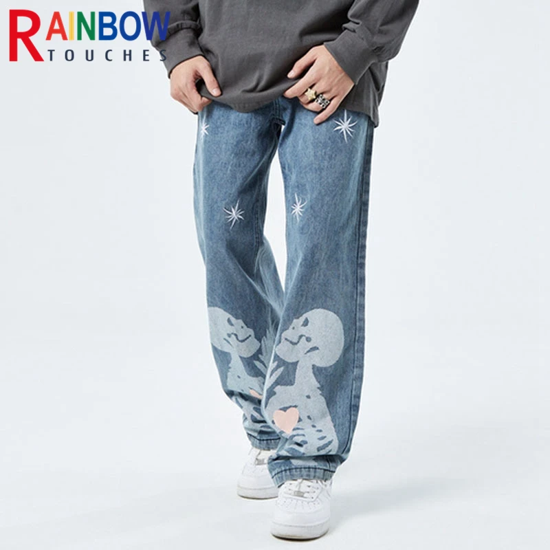 

Rainbowtouches High Street Brand Skull Print Straight-Leg Jeans Fried Unisex Street Ruffian Handsome Vibe Trend Trousers For Men