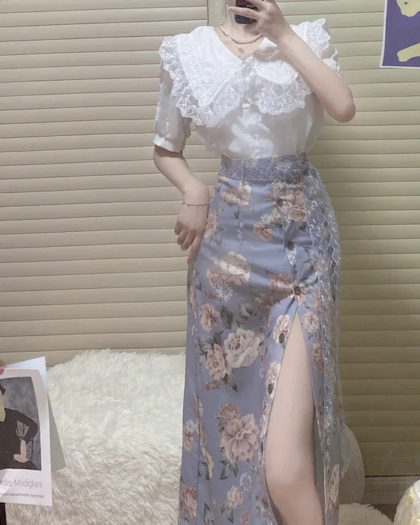 Женский винтажный комплект юбка с завышенной талией и цветочным принтом большим