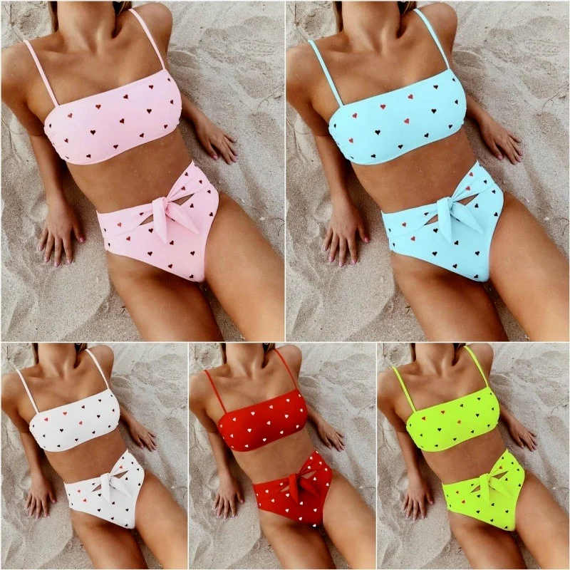 

2Pcs Sexy Belt Love Bikini Swimsuit Print Push-up Swimsuit Women's High Waist Swimsuit Set