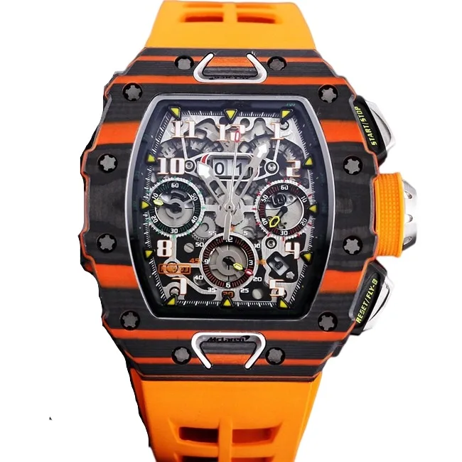 

Мужские часы с автоматическим механическим механизмом из углеродного волокна, оранжевого, черного цветов, с резиновым ремешком