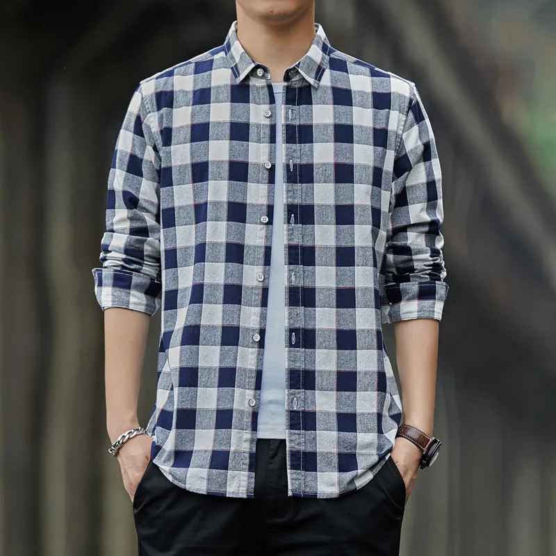 

2021 spring and summer new men's Long Sleeve Plaid Shirt casual loose work trend JACKET SHIRT COTTON