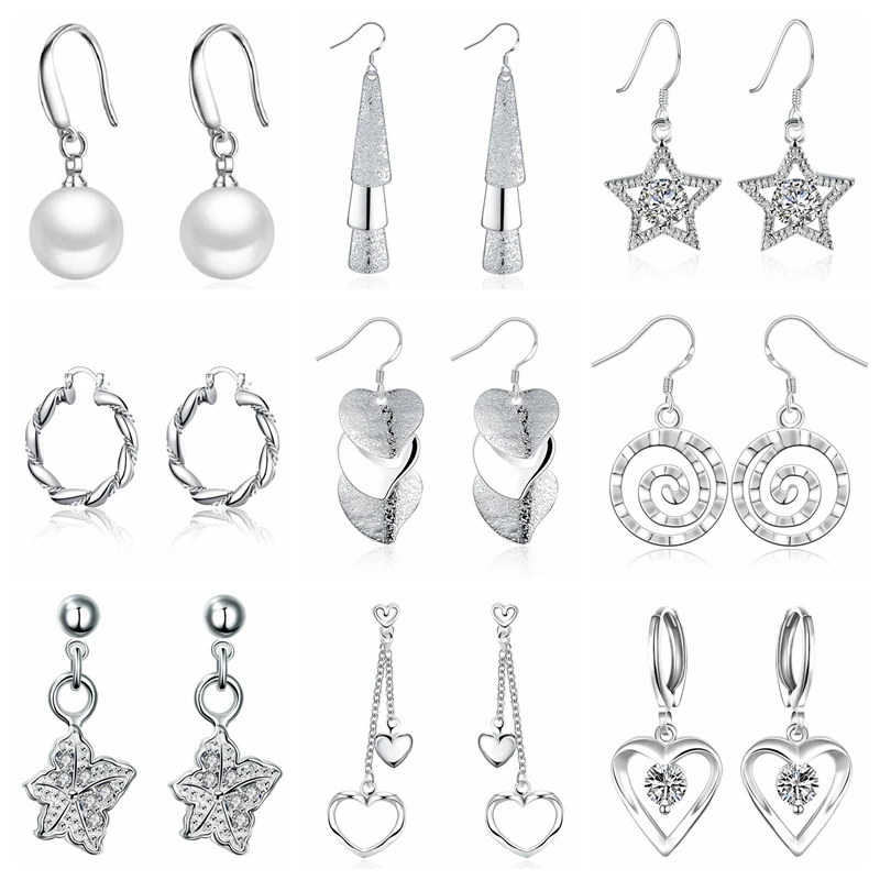 

Silver Color Dangle Hanging Drop Earrings for Women Simple Geometric Heart Ball Star Square Pendant Earings