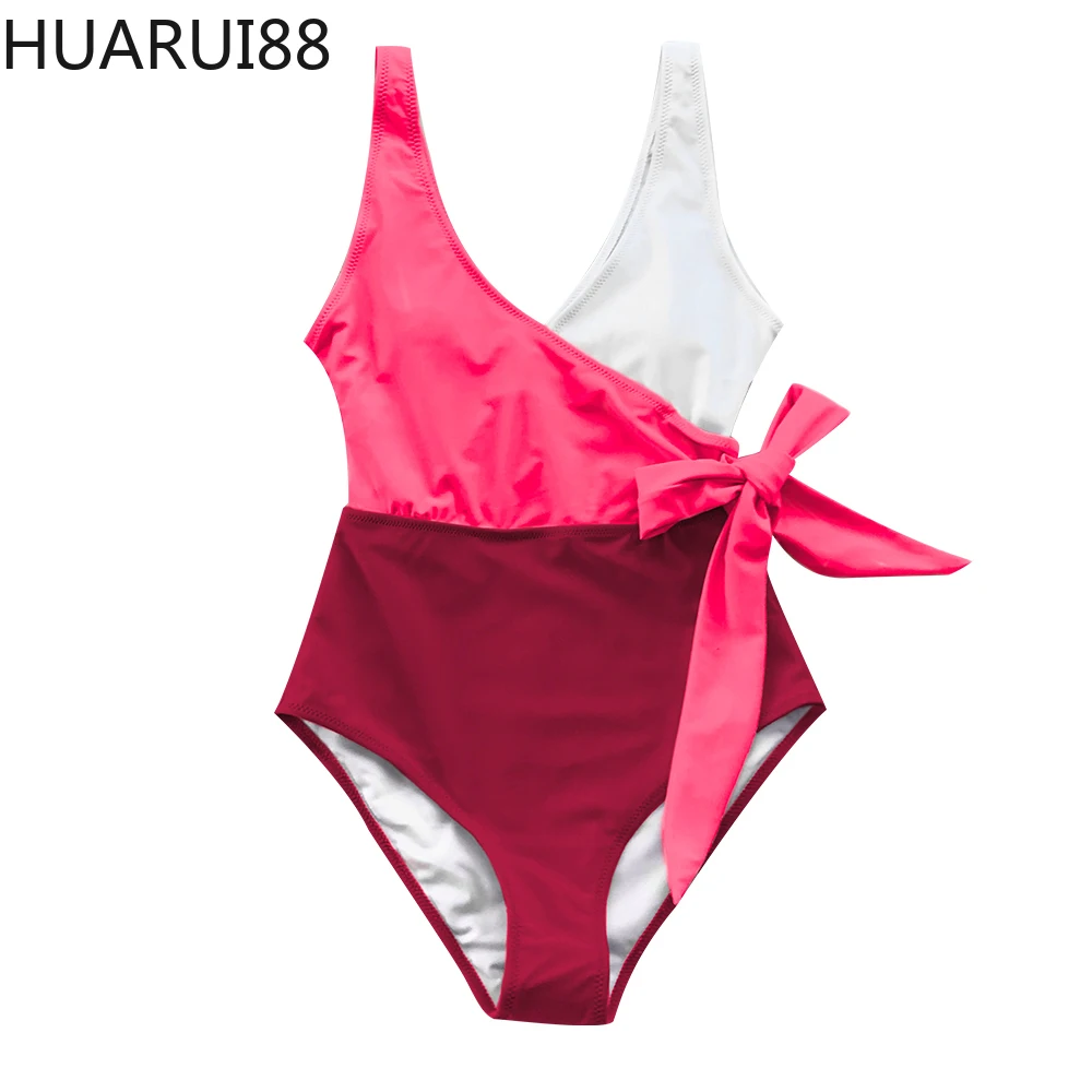 

Orange And White Colorblock One-piece Swimsuit Women Patchwork Belt Bow 2021 V-neck Beach Bathing Suit Swimwear