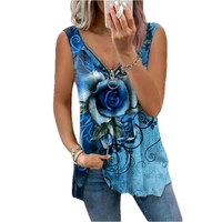 ladies t shirt plus size sexy vest top 2021 summer v neck zipper rose printing sleeveless tops women casual loose tank top