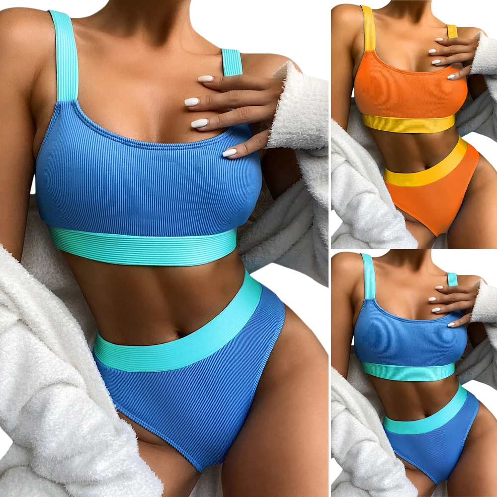 

2021 Women Summer Swimming Patchwork Bikini Set High Waist Swimwear Separate Bath Suit Bathing Female Beach Wear Biquini