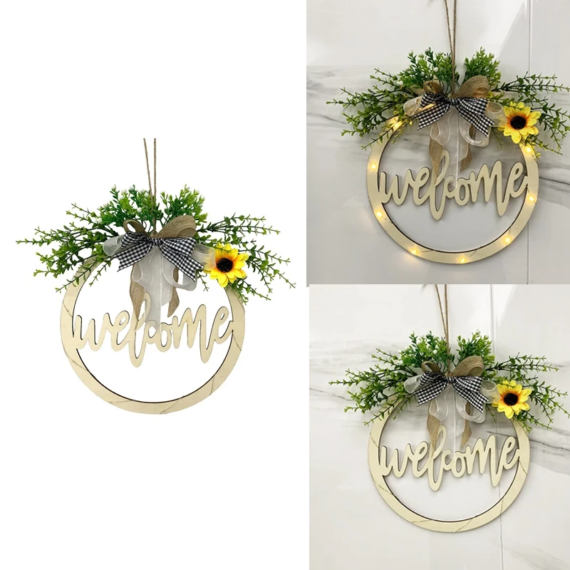 

Welcome Sign Wreath Round Wood Sign Hanging Spring Sunflower Wreath Greenery Wreath Decoration Spring Front Door Decor