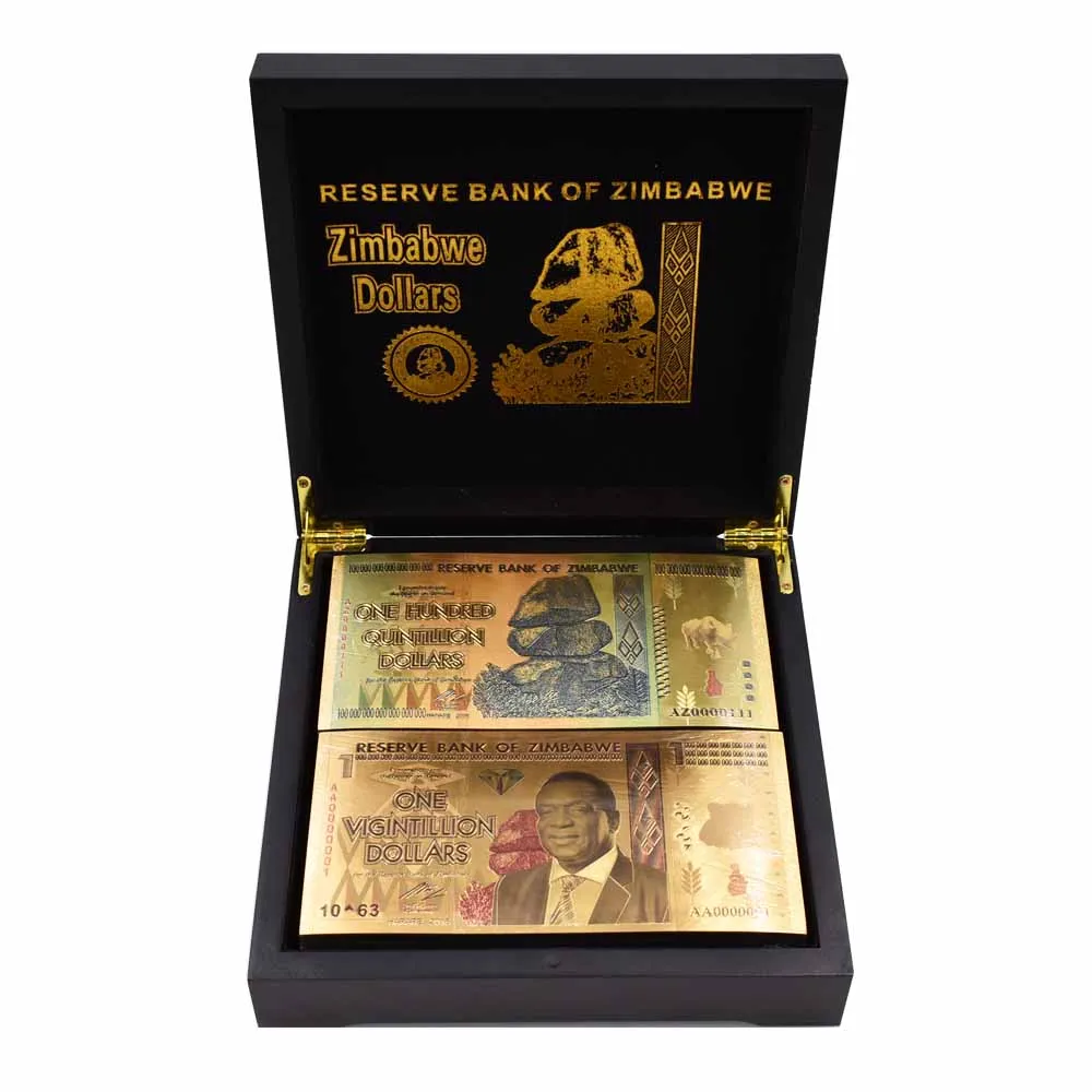 

Zimbabwe Banknotes 100 Quintillion Dollars and Vigintillion Gold Fake Banknote Currency Bill Paper Money with Box 100pcs/lot