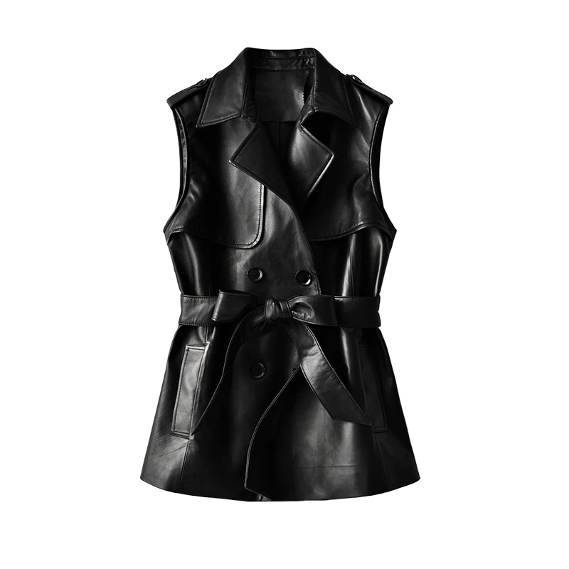 

SHUCHAN Leather Jacket Women Sleeveless Spring/Autumn Sheepskin High Street Turn-down Collar Double Breasted Adjustable Waist