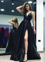 sexy long black satin evening dresses spaghetti straps front high slit prom dress v neck simple women special occasion gowns