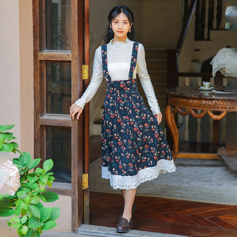 

2021summer Japan Style Strap Dress Korean Fashion Casual Cute Simple Retro Printing Lace Splicing High Waist