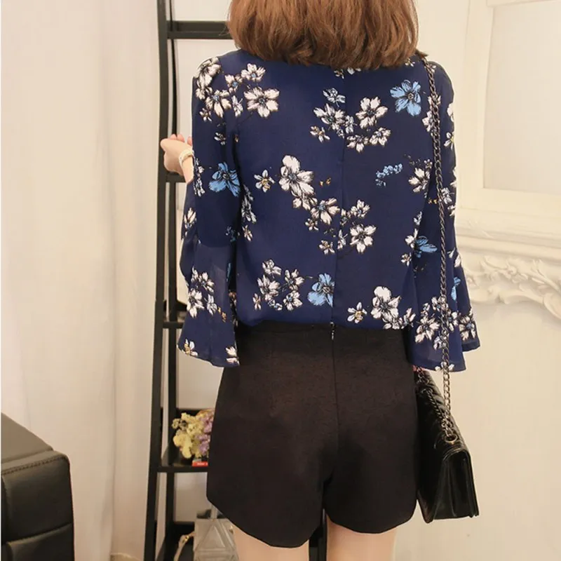 Женская Осенняя шифоновая блузка с цветочным рисунком рубашка расклешенными