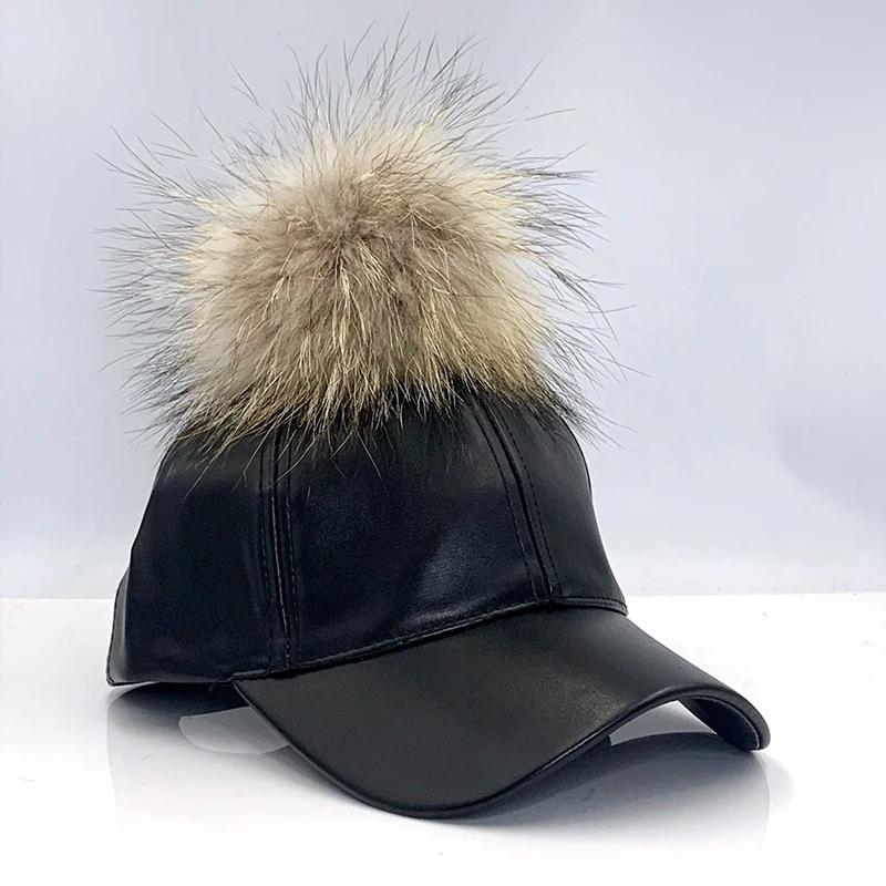 Бейсболка со съемным меховым помпоном кожаная кепка повседневная высокого