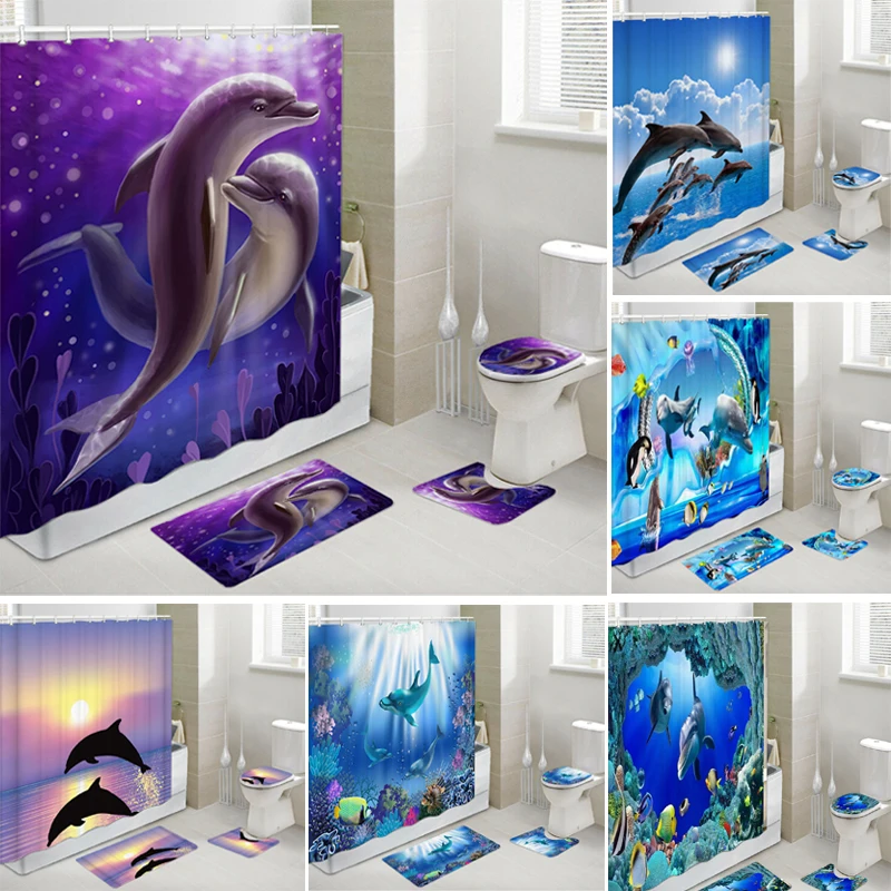 

Home Decor Bathing Waterproof Shower Curtain Set with 12 Hooks Toilet Covers Bath Mats Bathroom Non-slip Rug Carpet Polyester