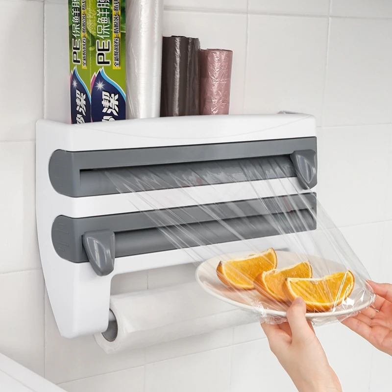 

Kitchen Multifunctional Wall Hanging Plastic Film Cutter, Perforating Free Tin Foil, Cutting Box, Rag Storage Device
