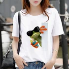 Новая женская белая футболка в стиле Харадзюку, милая забавная Футболка с принтом лягушки, модная женская уличная одежда, топы с коротким рукавом, футболка