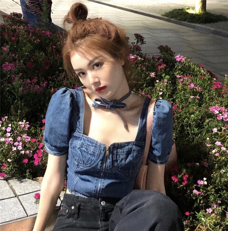 Женские джинсовые топы с квадратным вырезом дизайнерская футболка открытой