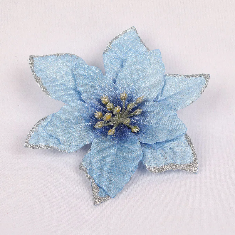 blue Искусственные цветы для украшения дома блестки Poinsettia поддельные цветы DIY свадебные декорации цветок голова Рождественская елка Декор - Цвет: blue