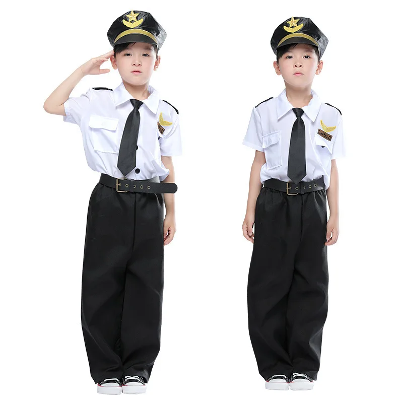 Halloween Cosplay Boys Kid Clothes Pilot Captain Uniform Matching Hat Belt Toys 4T-9T Carnival Role Play Prom Gown Costume |