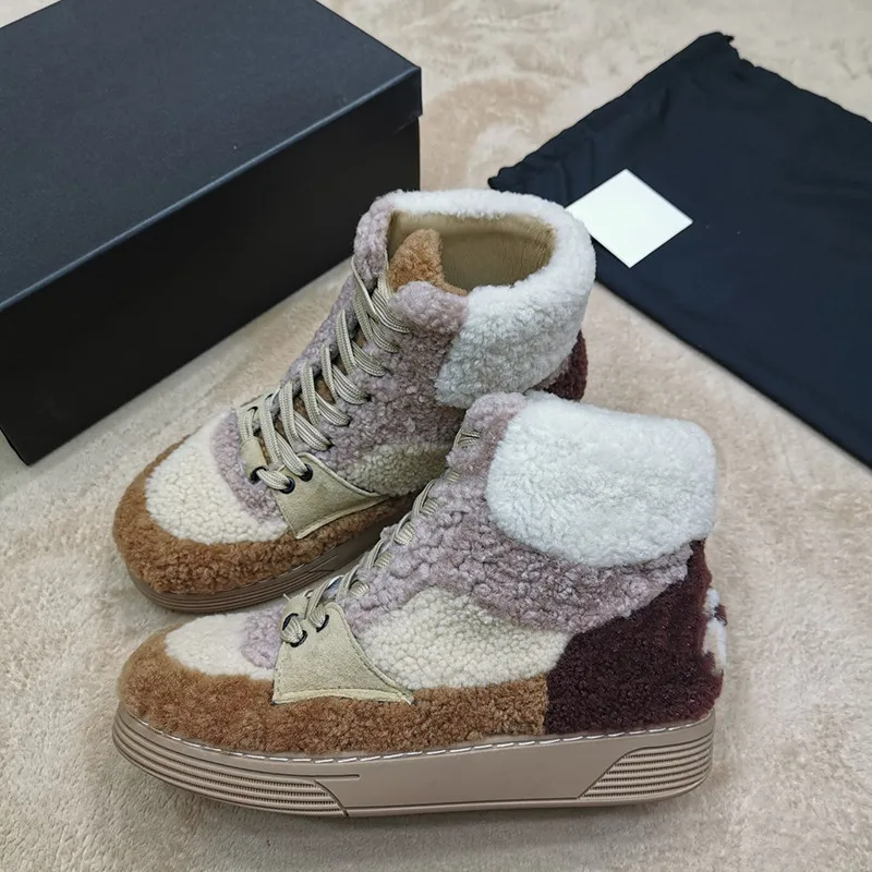 Khaki high Luchfive/высокие кроссовки с натуральным овечьим мехом; цвет белый, черный; новая зимняя обувь; женская повседневная обувь на плоской платформе - Цвет: Khaki high