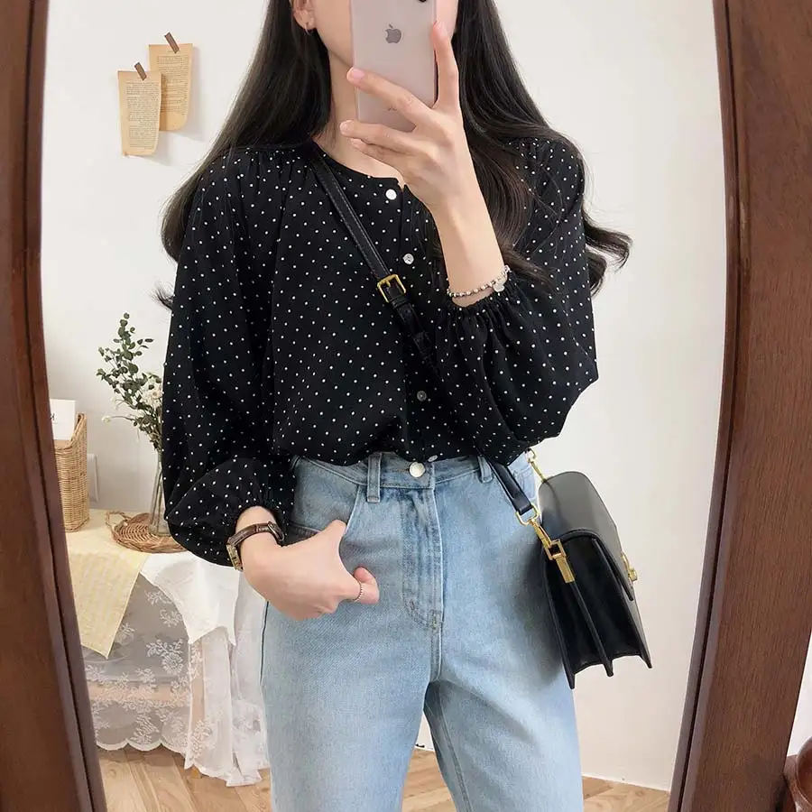 S XL, Новая Винтажная рубашка в горошек, женские топы, женские блузки с длинными рукавами для девочек, большие размеры, осенние женские блузки, femme Blusas