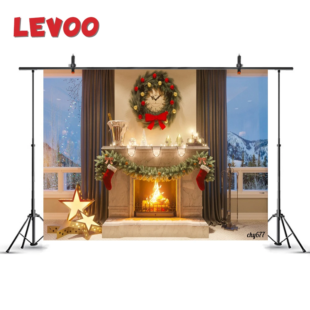 

LEVOO Christmas Backdrop Fireplace Wreath Gifts Star Lights Window Snow Mountain Photography Background Photo Studio Photobooth