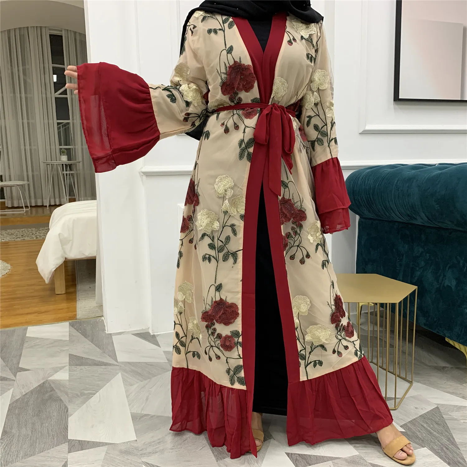 Женское платье с цветочной вышивкой, длинное платье с разрезом, F2686, Абая для мусульман, Дубай