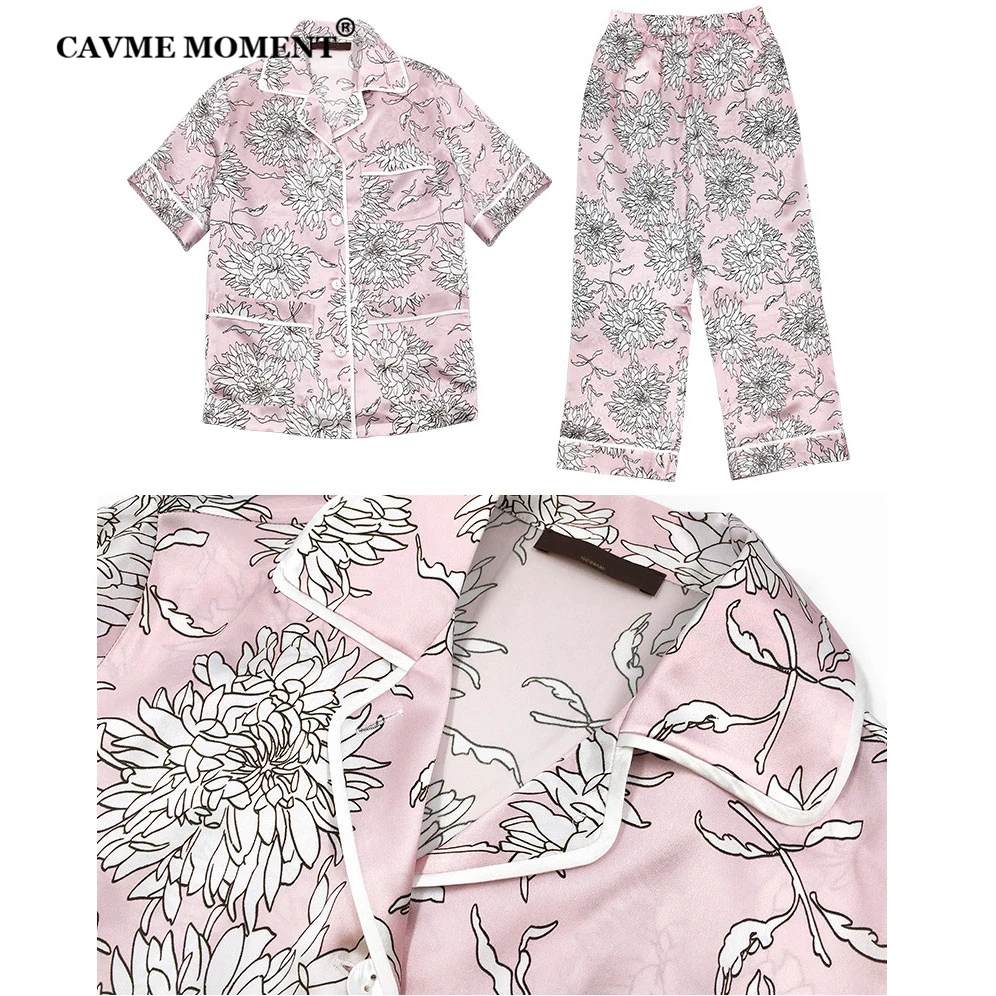 CAVME 100% Silk Pajama Sets for Women 2 Pieces Short Sleeve Sleepwear Plus Size Ladies Homewear Printing Nightwear