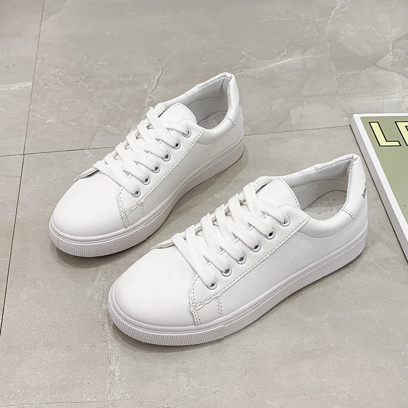 Кроссовки женские из ПУ кожи модная обувь на шнуровке белые теннисные туфли