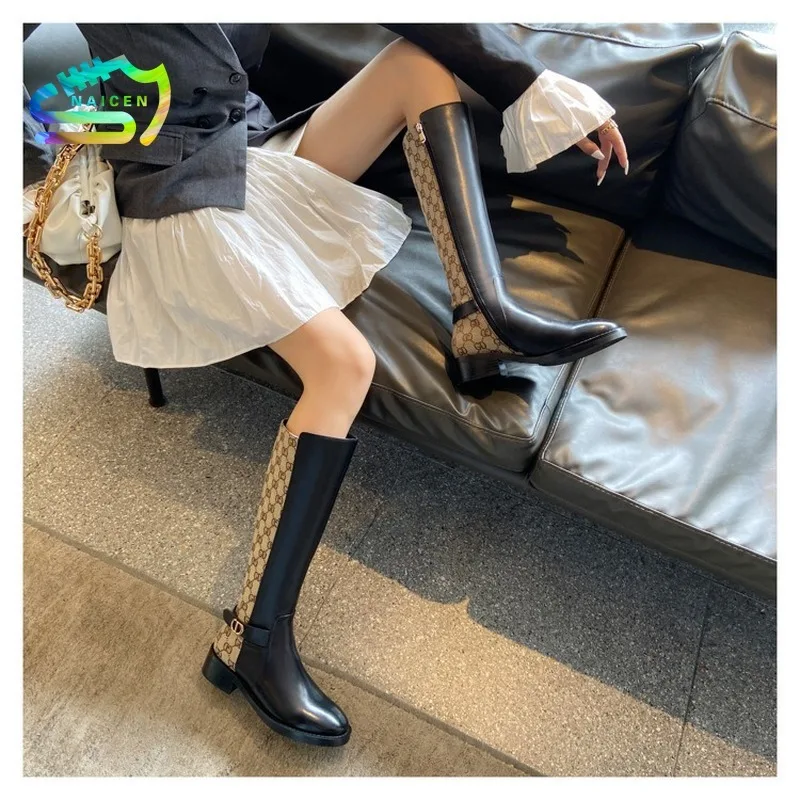 

Knight Thick Heel Round Toe Boots with Leather Stitching and Color Matching Large Size Thermal Fashion Medium Heel Women Boots